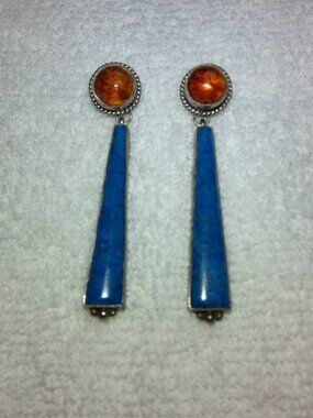 Vintage Navajo-style Earrings - Sterling Silver with Amber & Lapis Lazuli Stones